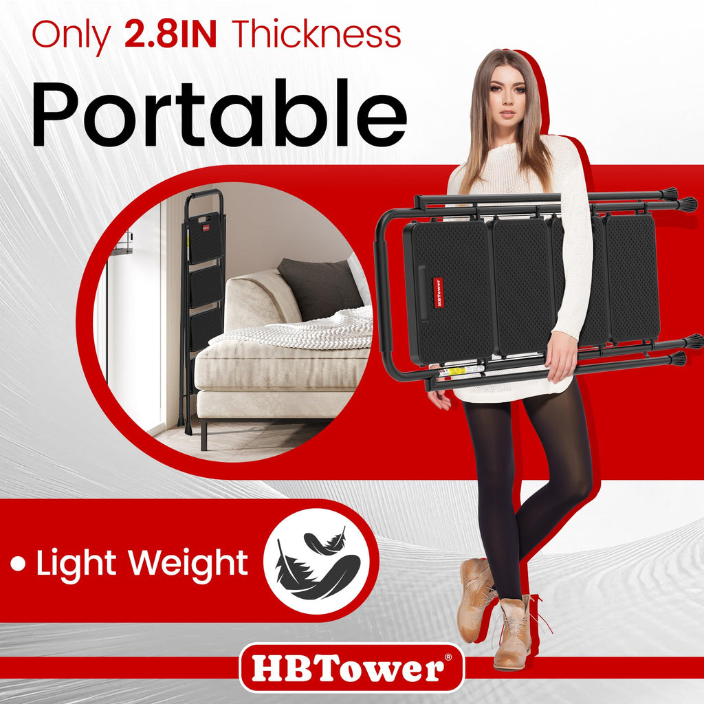 HBTower Step Ladder, 4 Step Ladder Folding Step Stool with Wide Anti-Slip Pedal, Lightweight Ladders for Home, Black