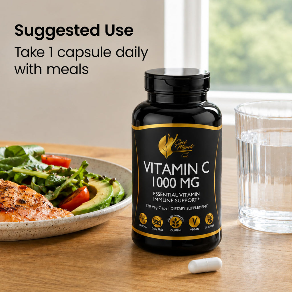 Cocó March N.M.D Vitamin C 1000mg – Gluten Free & Vegan Immune Support Supplement – Vitamin C for Women & Men - Soy Free, Dairy Free & Non-GMO – Easy-to-Swallow, 120 Veg Capsules
