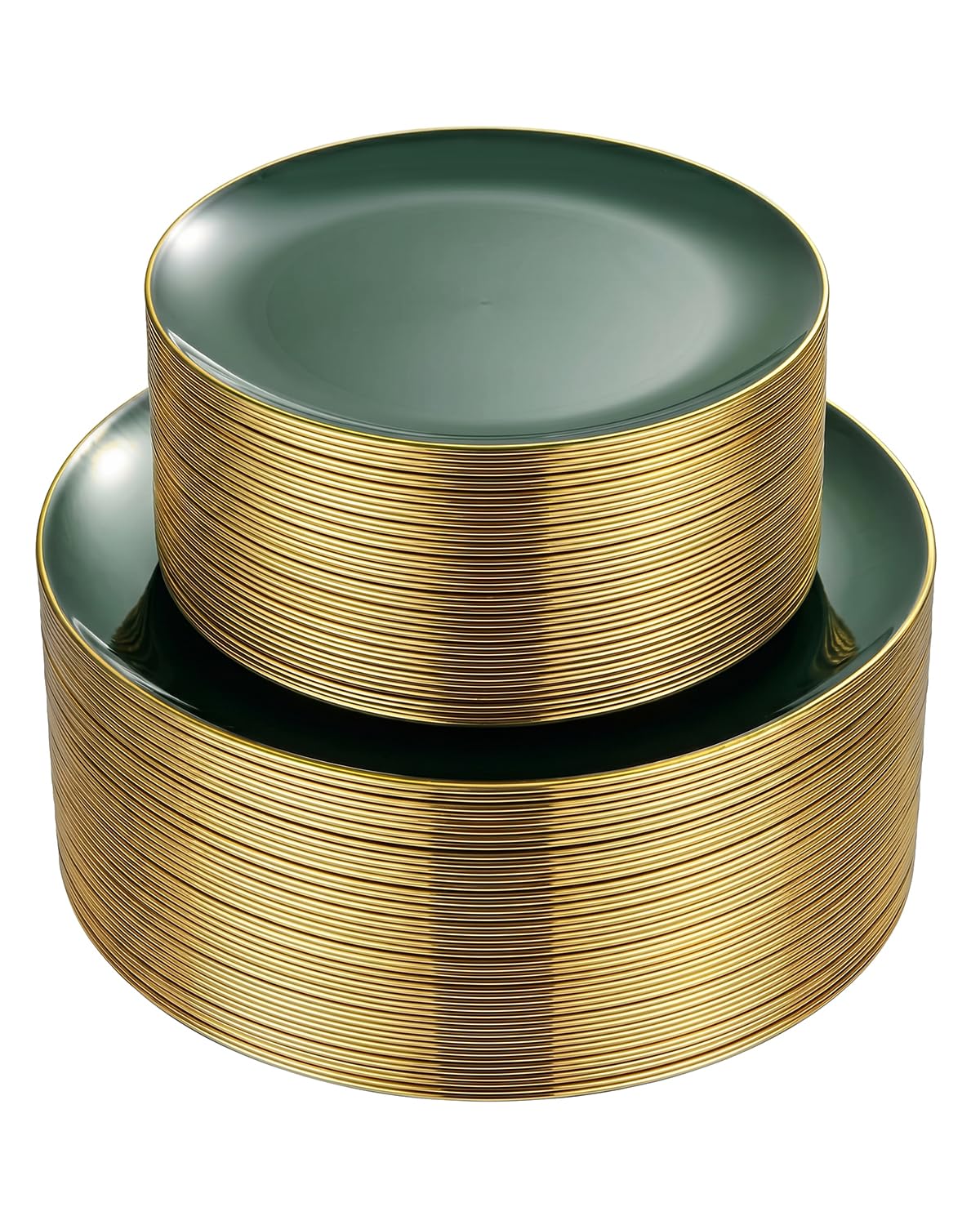 PULOTE 100PCS Green Plastic Plates - Green Disposable Plates With Gold Rim - Include 50 Pieces Dinner 10.25inch,50 Pieces Dessert 7.5inch for Party&Christmas