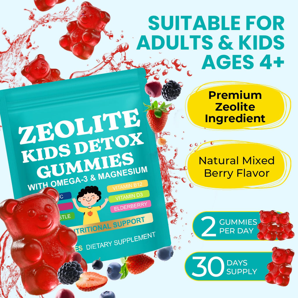 Zeolite Kids Gummies, Zeolite Detox for Kids with Zeolite, Omega-3, Elderberry, Vitamin C, Vitamin D3, Zinc, B12, for Energy, Focus, Digestive, Immune, Sugar Free (Mixed Berry Flavor-60 Gummies)