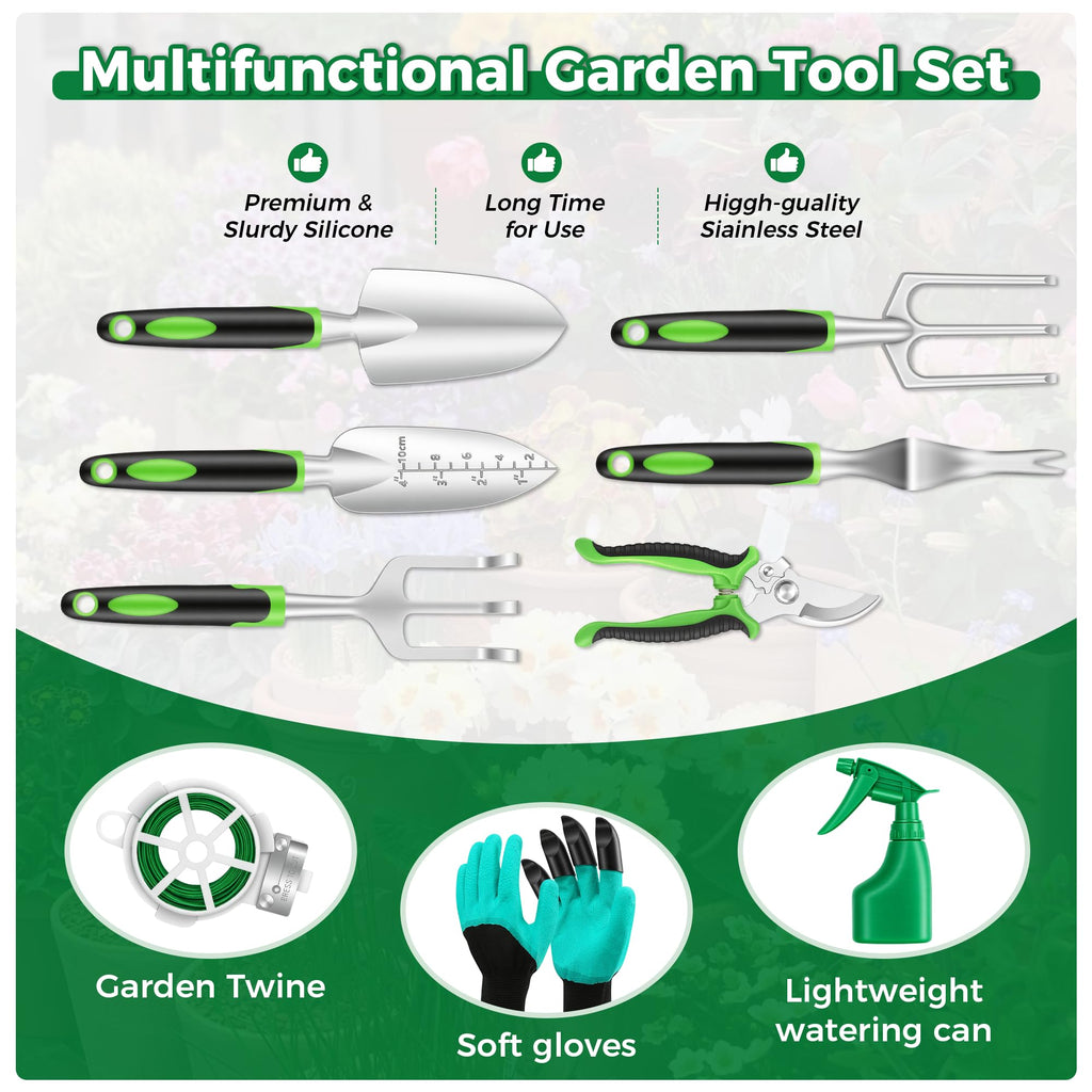 Gardening Tools 10-Piece, Heavy Duty Garden Tool Set with Fashion and Durable Garden Tools Organizer Handbag, Rust-Proof Gardening Hand Tools Weeding Kit, Ideal Gardening Gifts for Women