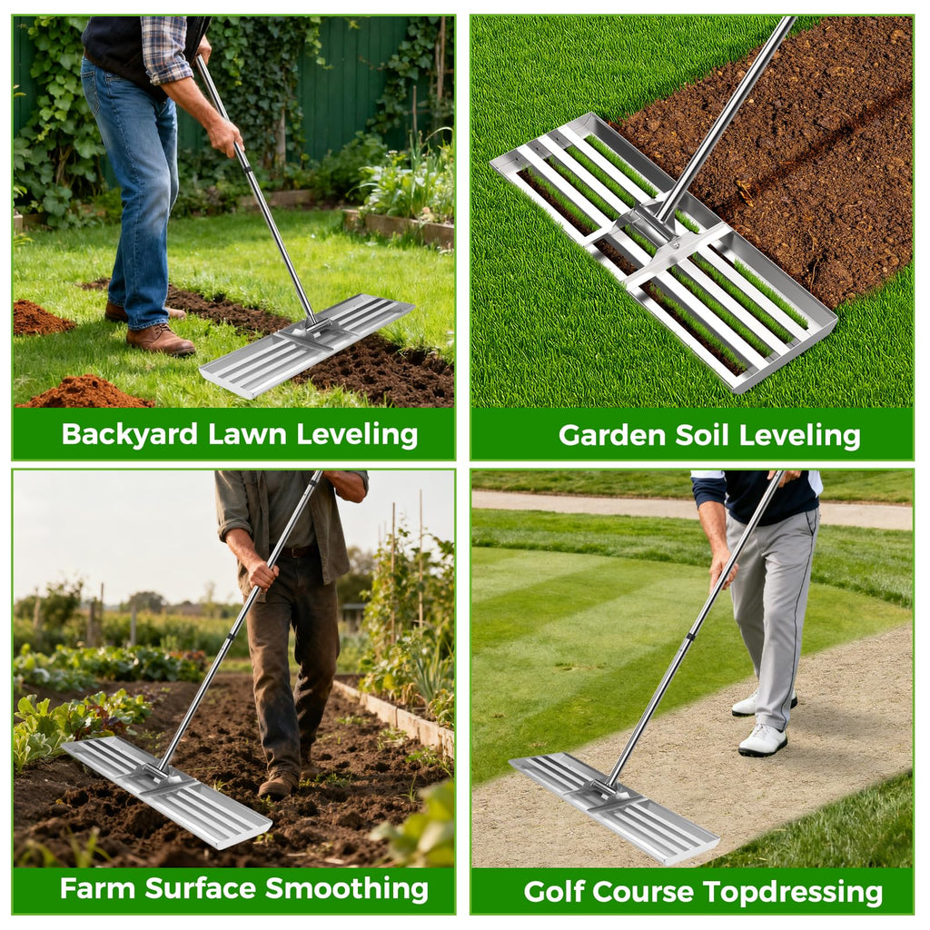 30" x 10" Lawn Leveling Rake, 304 Stainless Steel Soil or Dirt Leveler Tool