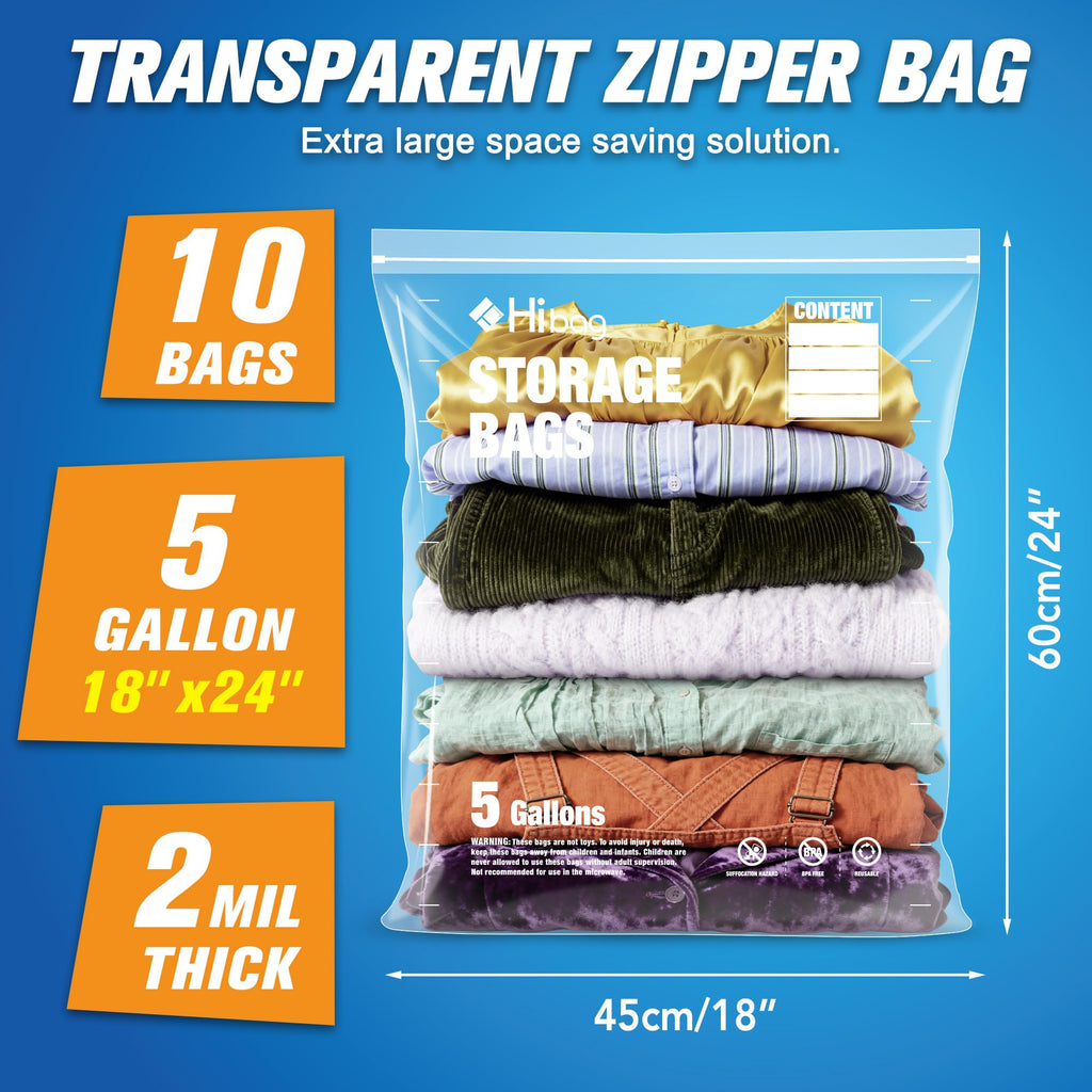 5 Gallon Extra Large Zippered Plastic Bags for Storage