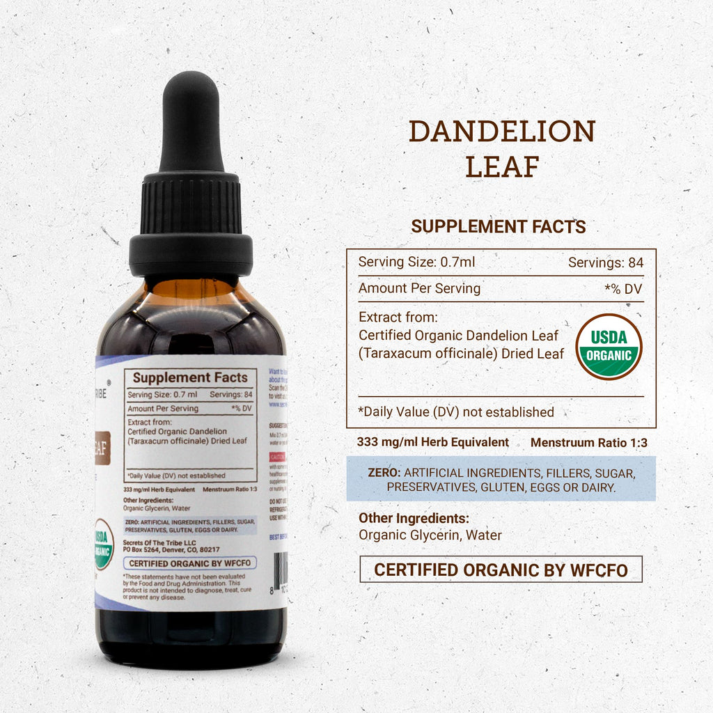 Secrets of the Tribe Dandelion Leaf USDA Organic | Alcohol-Free Extract, High-Potency Herbal Drops, Digestive System | Made from 100% Certified Organic Taraxacum Officinale Dried Leaf 2 oz