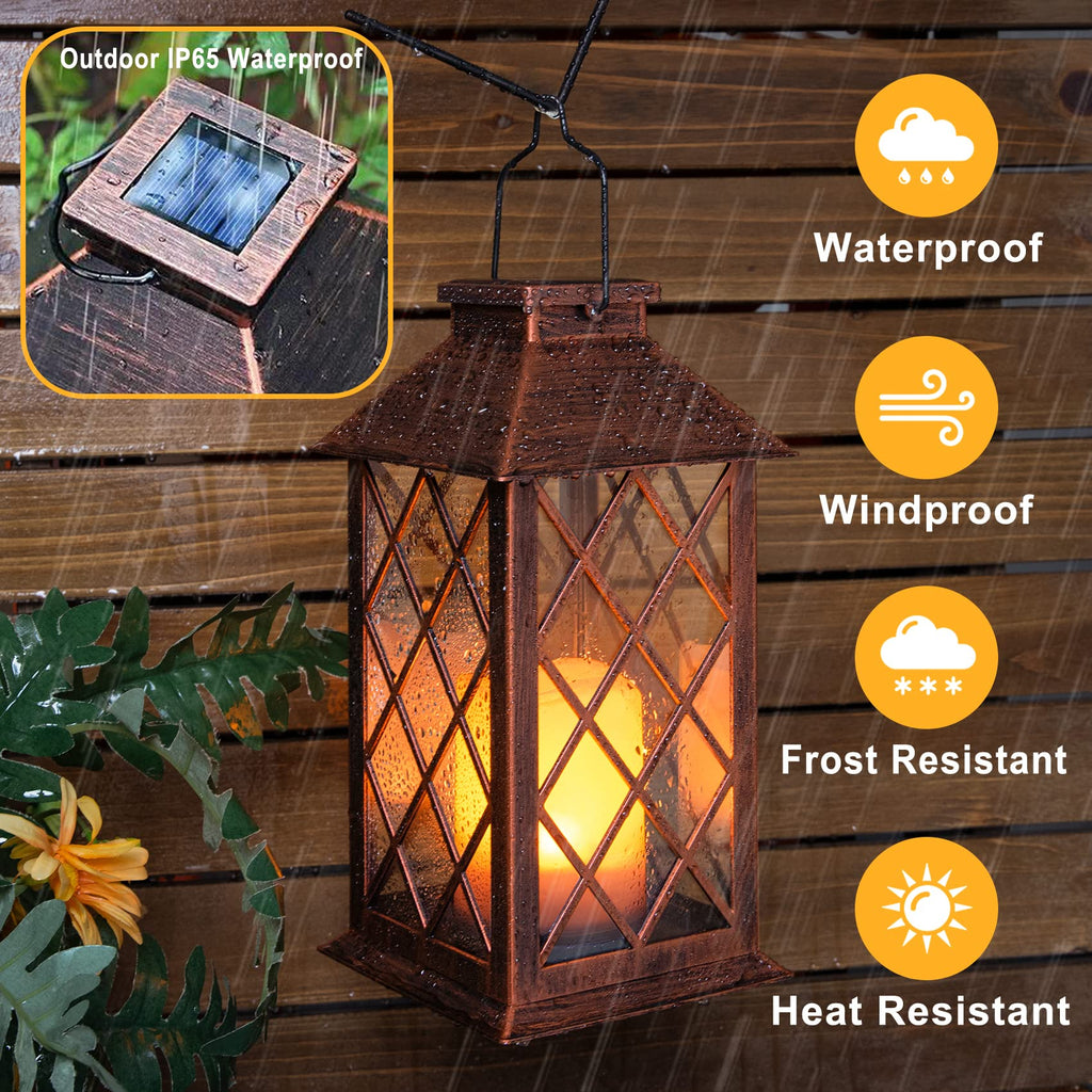 [2 Pack] TAKE ME 14" Solar Lantern Outdoor Garden Hanging Lantern Waterproof LED Flickering Flameless Candle Mission Lights for Table,Outdoor, Halloween Decor Lights