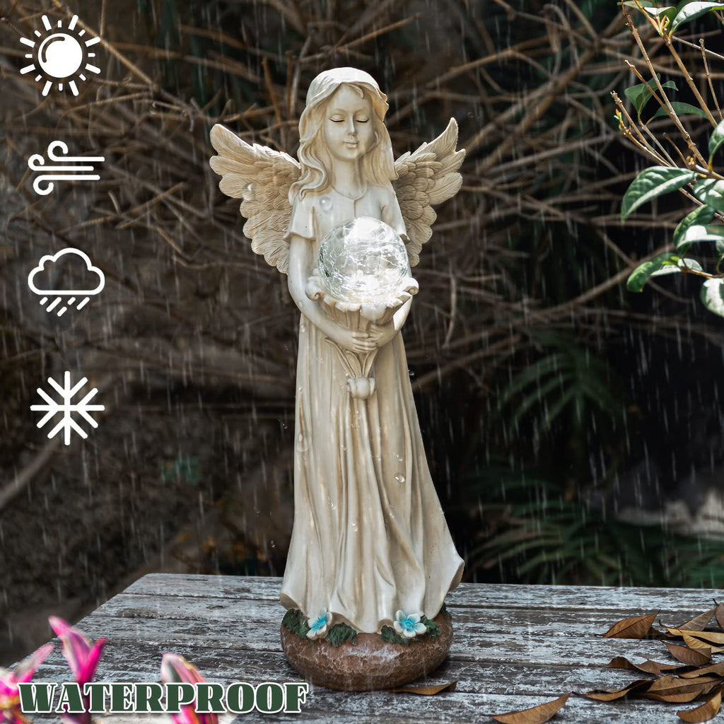 Garden Angels Outdoor Statue, Solar Angel with Crackled Glass Globe