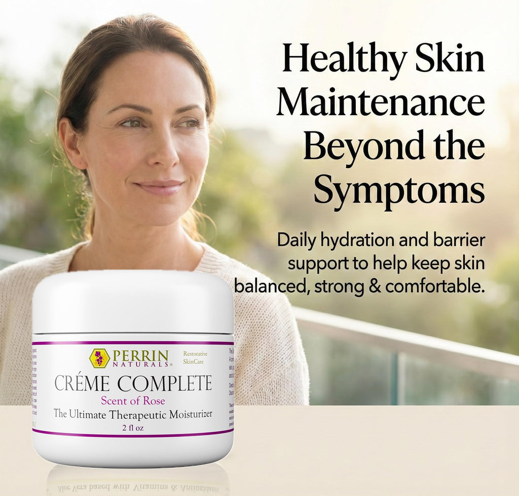 Perrin Naturals Crème Complete, Lichen Sclerosus treatment Cream for Dry Sensitive Skin, Restorative Anti Aging Face & Body Moisturizer with Barrier Support for Women, Scent of Rose, 2 oz