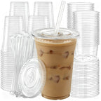 100 Pack 16 oz Plastic Cups with Lids and Straws, Clear Disposable Plastic Cups, Heavy Duty Iced Coffee Cups with Leak-Resistant Lids, Cold Drink Cups for Juice, Coffee and Milk Tea & Party To Go