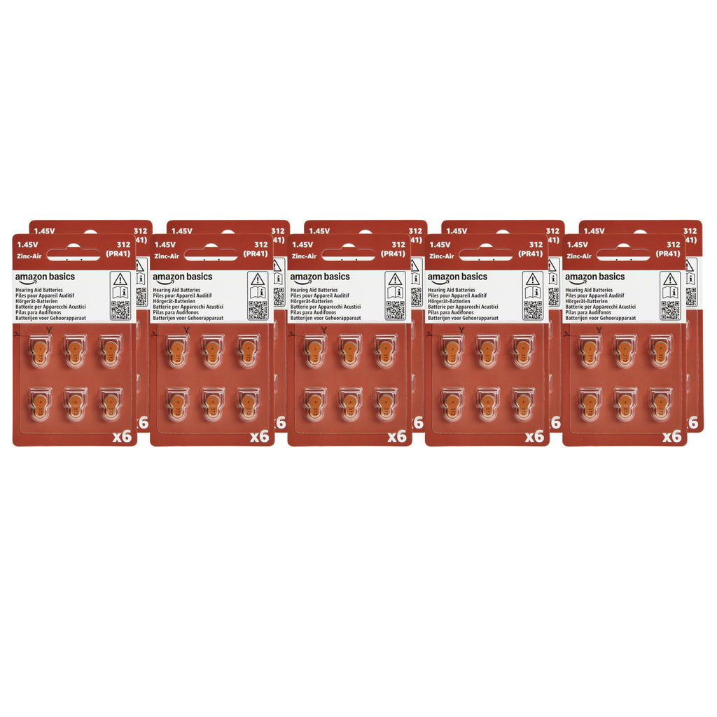 Amazon Basics 60-Pack Hearing Aid Size 312 Zinc-Air Batteries, 1.45 Volt, Brown Tab, 4-Year Shelf Life, Child-Safe Package (Use Scissors to Open)