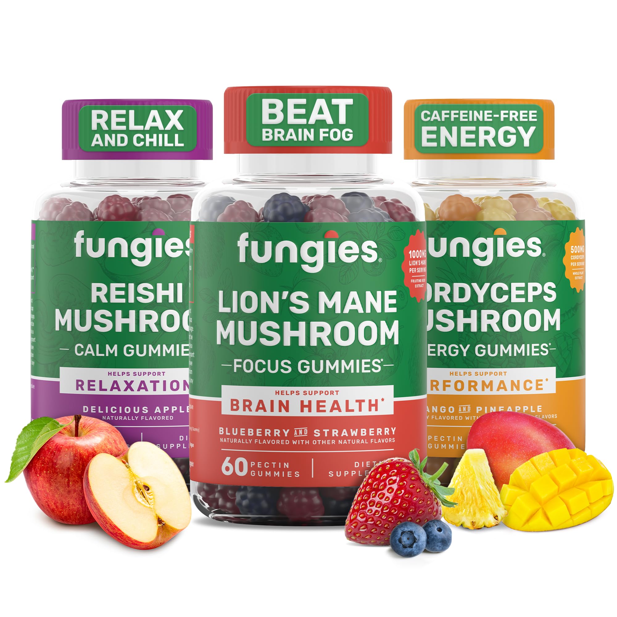 Fungies Mushroom Gummy 3-Pack Bundle, Lion's Mane, Cordyceps & Reishi Gummies for Adults - Mushroom Gummies Supports Brain Health, Gut Health, Energy & Daily Wellness - 180 Servings