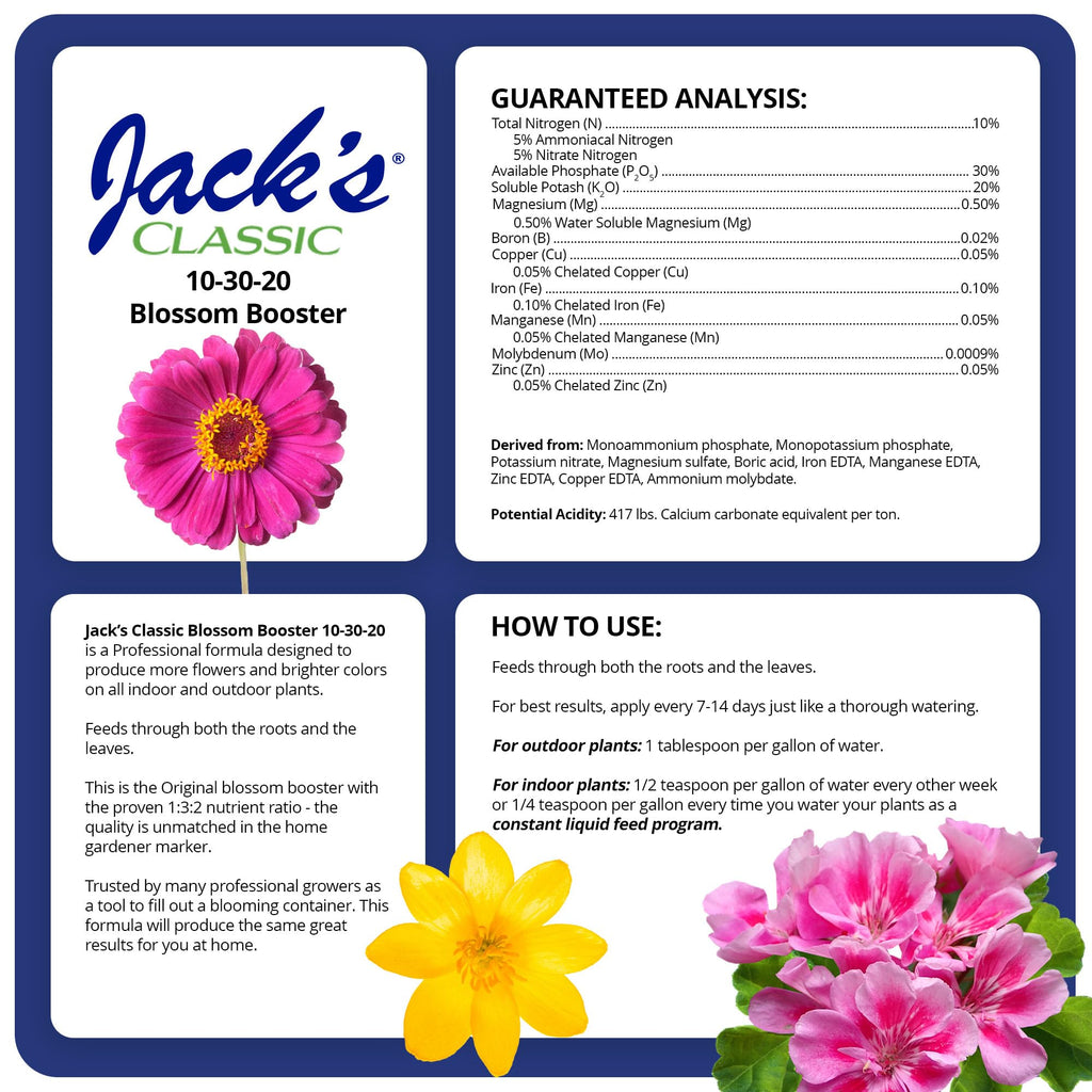 Jack's Classic 10-30-20 Blossom Booster Water-Soluble Fertilizer with Micronutrients for Increasing Color and Quantity of Blooms in Flowering Plants, 10lbs