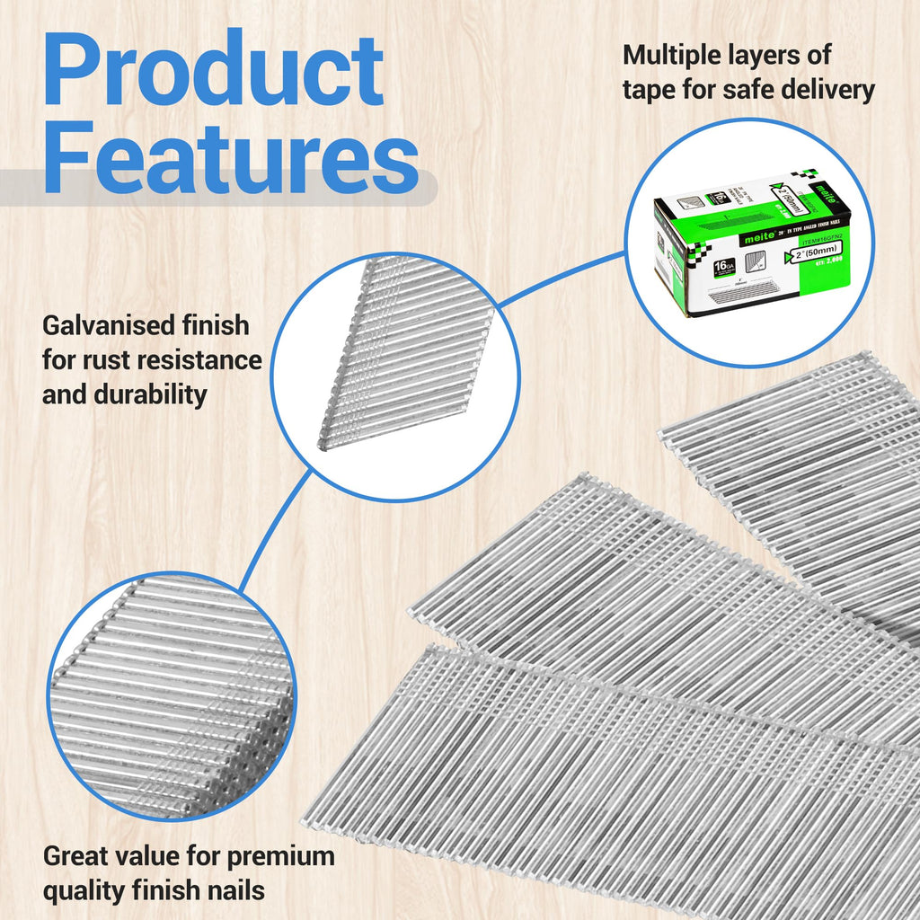 meite 16 Gauge 20 Degree Angled Finish Nails 2 Inch Leg Galvanized No-rust Finishing Nails for Finish Nailer Gun - Cabinet Crown Baseboard 10,000PCS