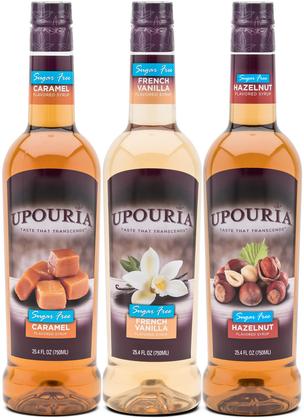 Upouria Coffee Syrup Sugar Free Variety Pack: French Vanilla, Caramel and Hazelnut, 100% Vegan, Gluten Free, Kosher, Keto, 750 mL Bottle (Pack of 3) - Pump Sold Separately