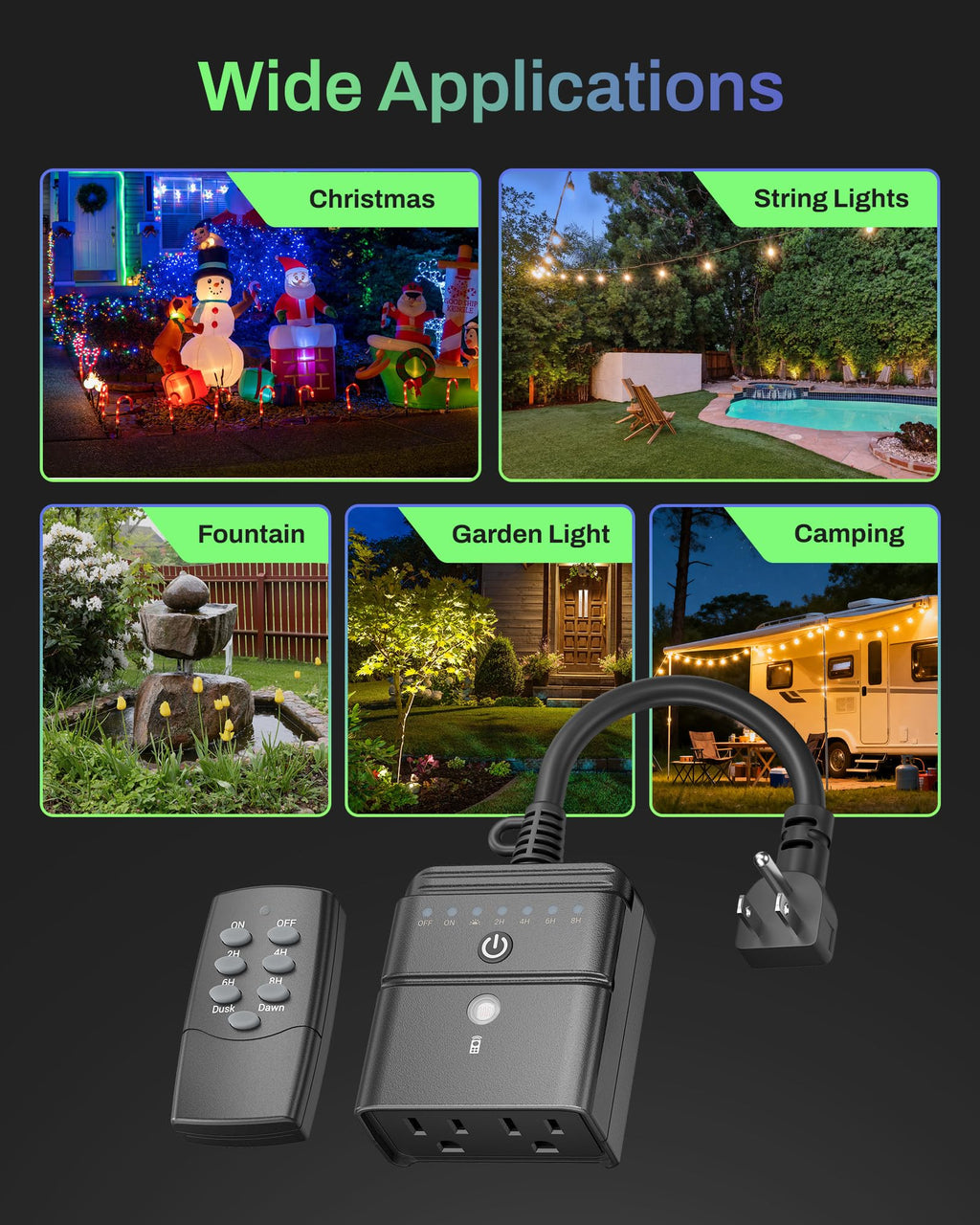 BN-LINK Outdoor Timer with Remote Control, Dusk to Dawn Light Sensor, Waterproof Plug-in Timer Outlet, 2 Grounded Outlets, 100ft Range, Perfect for Christmas & Halloween Lights, 15A 1/2HP ETL,2pack