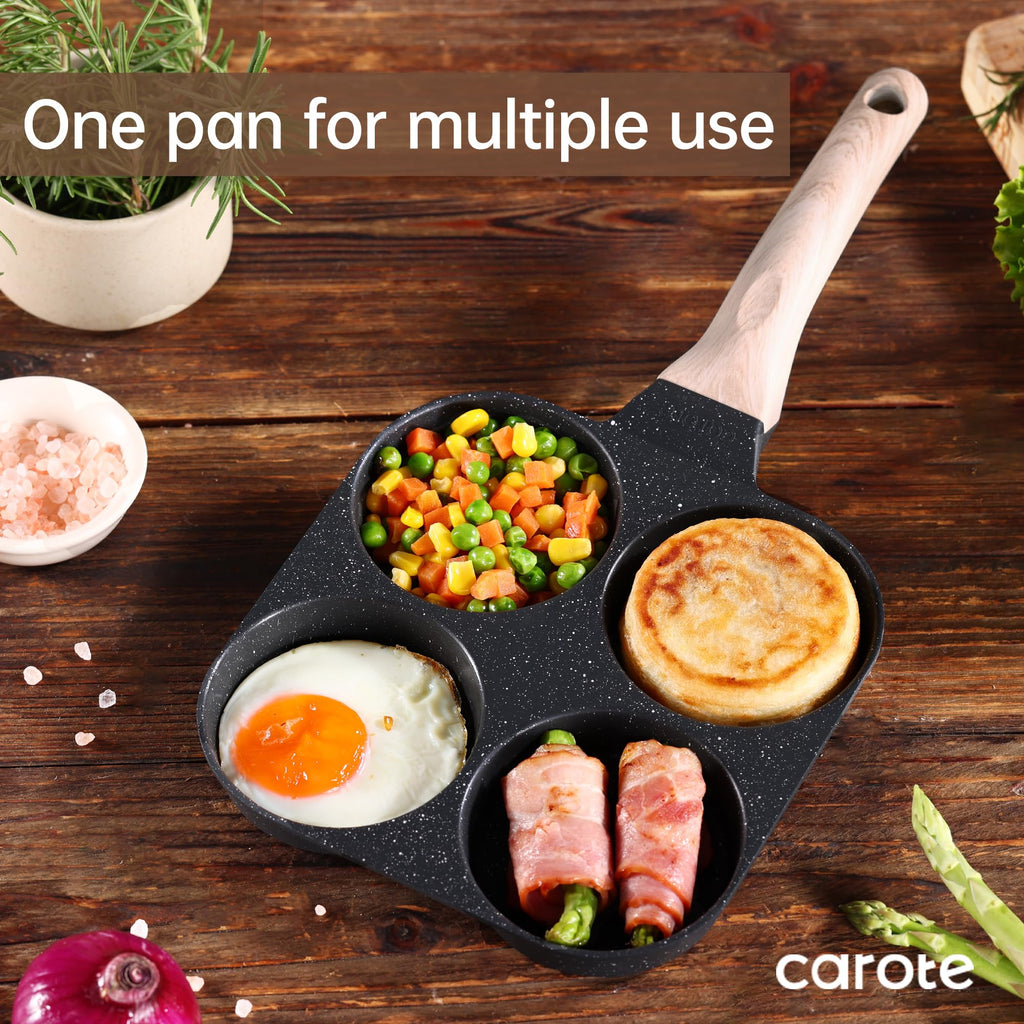 CAROTE Egg Pan Omelette Pan, 4-Cup Nonstick Granite Omelette Skillet - Pancake Pan and Healthy Egg Cooker Suitable for Gas Stove & Induction Cookware, Black