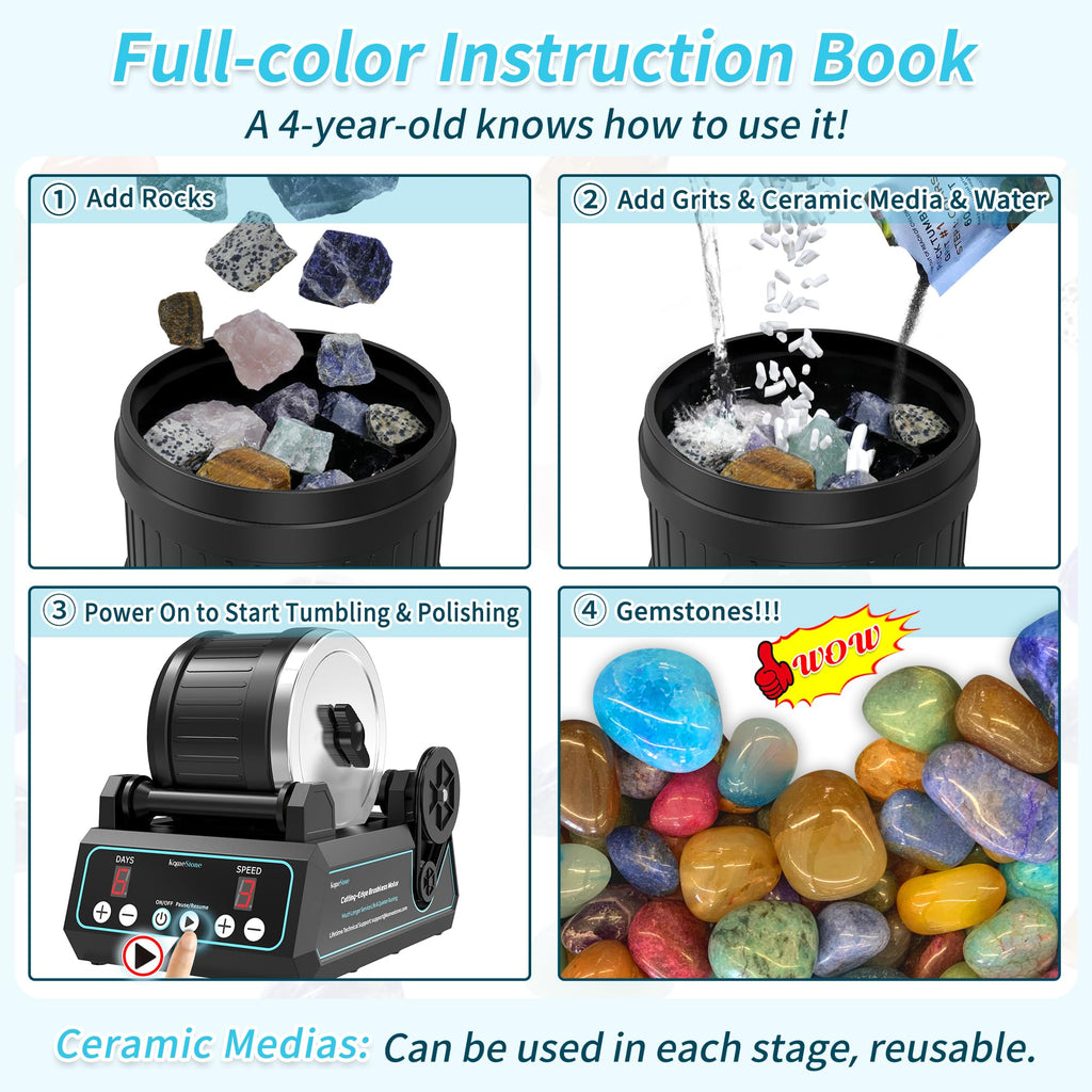 KomeStone K1 Pro Professional Cutting-Edge Brushless Motor Advanced Rock Tumbler Polisher Kit, Extra Large 2.5Lb Barrel with 3-Speed Motor 9-Day Timer, 6 Belts, Rough Gemstones, 4 Polishing Grits etc.