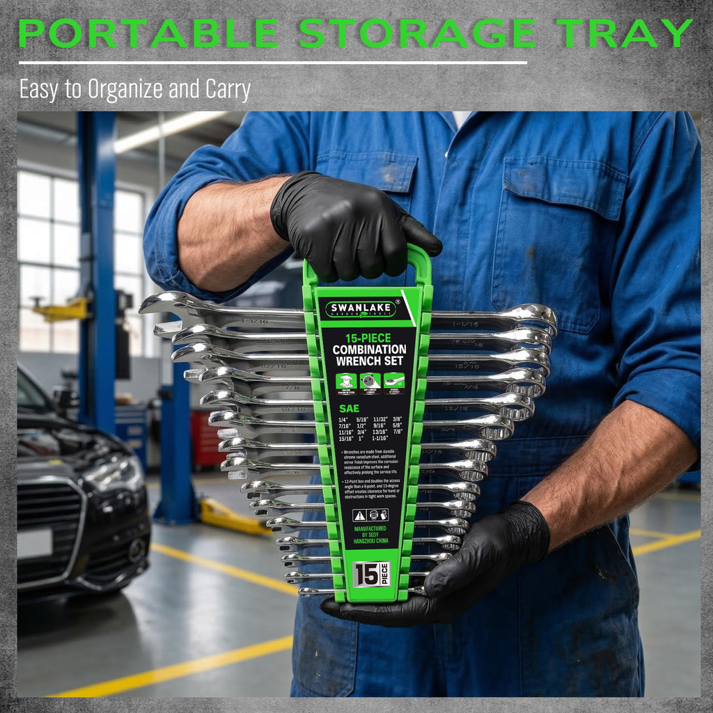 SWANLAKE 15-Piece SAE Wrench Set, V Notch Premium Combination Wrenchs Set, SAE 1/4" to 1-1/16", Max Torque, 12-Point, Chrome Vanadium Steel, with Storage Rack