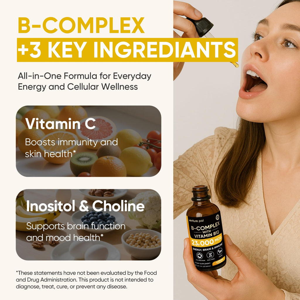 Venture Pal Vitamin B Complex Liquid Drops, B12 Methylcobalamin | B9 Folic | B1,B2,B3,B5,B6,B15 - Vitamin C, Choline, Inositol, Immune & Energy Metabolism, Brain & Heart Support