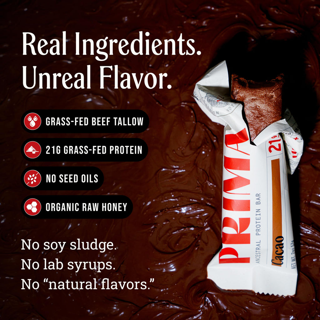 Prima Ancestral Protein Bar | 21g Grass Fed Whey + Collagen | Beef Tallow, Raw Honey | Seed Oil Free | Cacao - 7 Pack