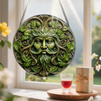 Green Man Stained Glass Suncatcher, Stained Glass Window Hanging, 8 Inch Window Decor Hanging, Gift for Garden Lovers, Fathers Day Birthday Gifts for Dad Grandpa Man Bother Husband Lover