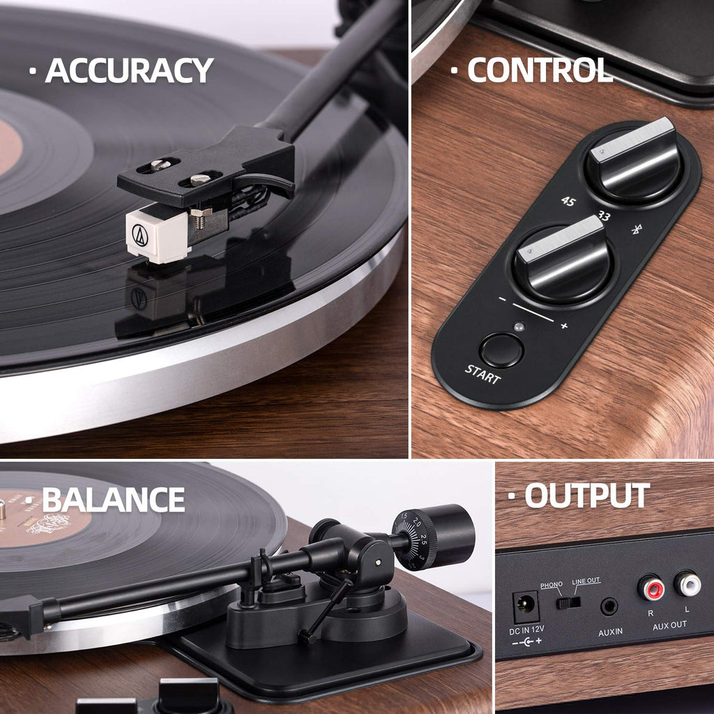 1 BY ONE High Fidelity Belt Drive Bluetooth Turntable with Built-in Speakers, Vinyl Record Player with Magnetic Cartridge, Wireless Playback and Aux-in Functionality, Auto Off
