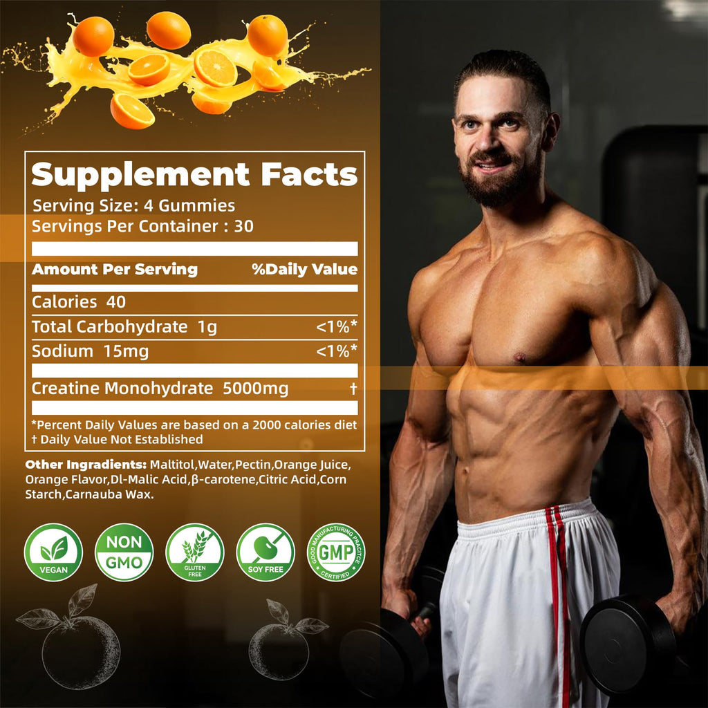 Nutravita Creatine Monohydrate Gummies for Men & Women-5g of Creatine Monohydrate per Serving - Sugar Free,Vegan, Orange Flavor, 120 Count