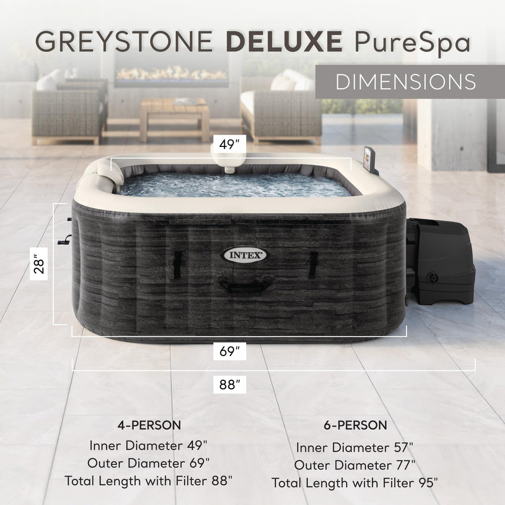 INTEX PureSpa Greystone Deluxe 4 Person Square Inflatable Hot Tub, Bubble Massage Spa Set with Energy Efficient Cover, 2 Headrests, & LED Light, 69 in x 28 in