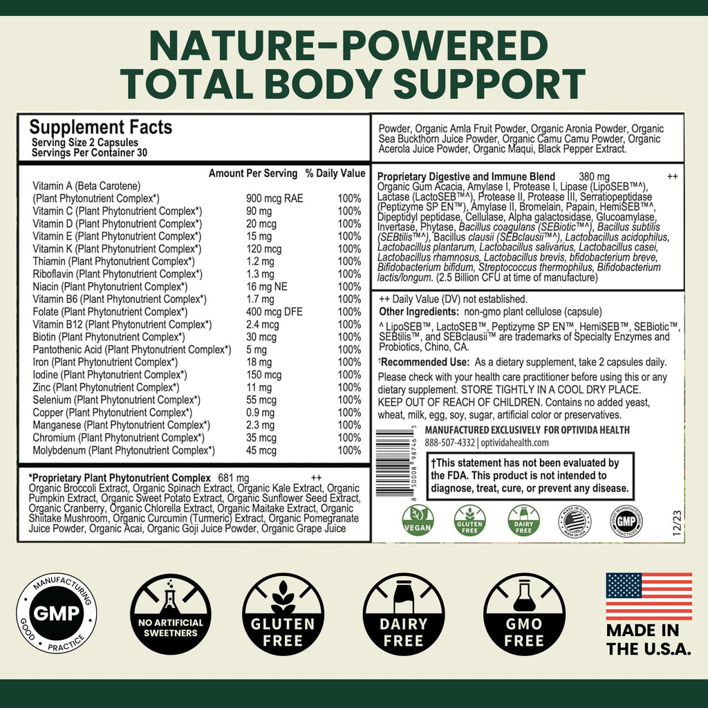 OPTIVIDA Organic Whole Food Multivitamin for Men & Women (1 Month Supply) with Probiotics & Antioxidant Blends | Daily Plant Based Multivitamins | Non-GMO, Whole Food Womens Multivitamin