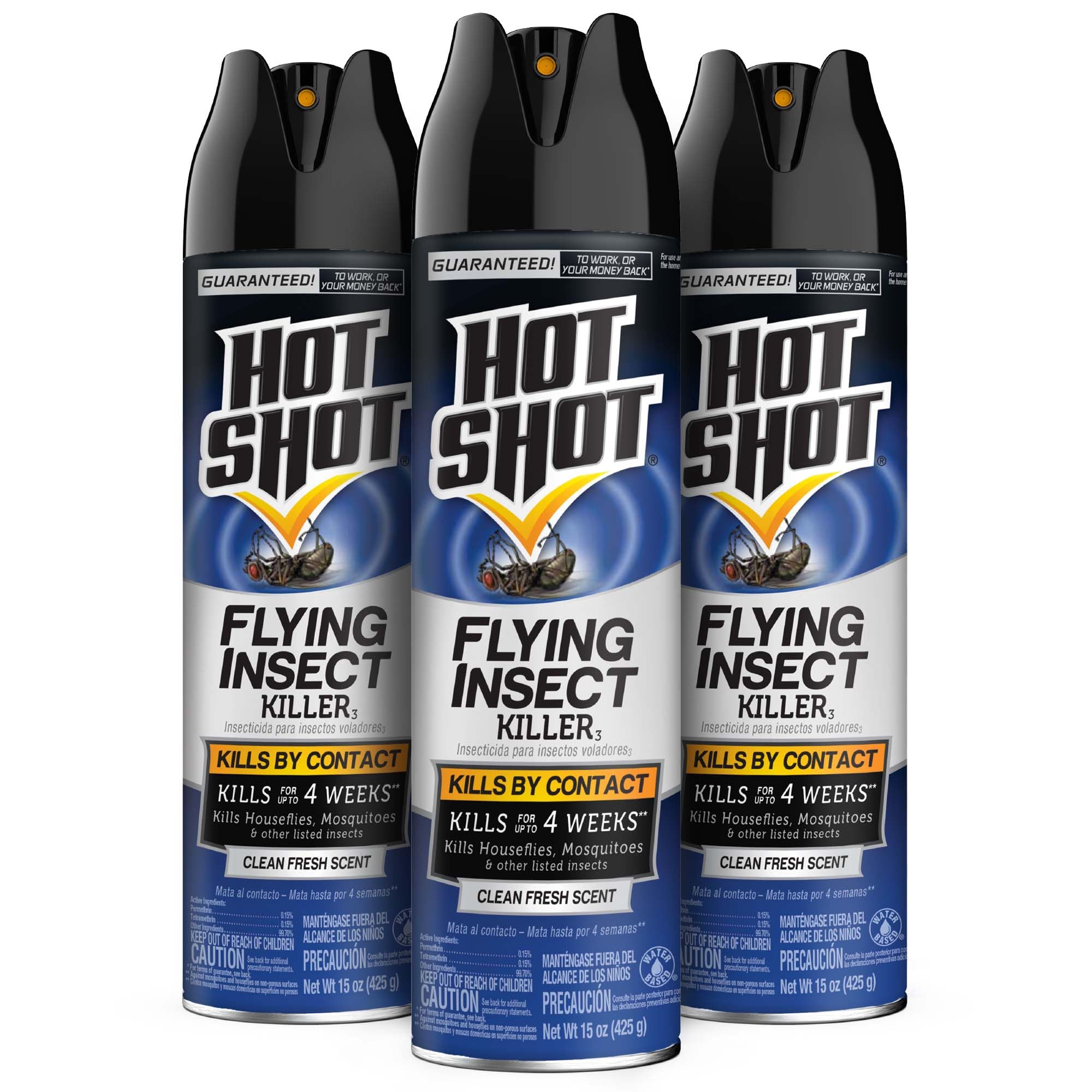 Hot Shot Flying Insect Killer, 15 Ounces, Aerosol Kills Houseflies, Mosquitoes and Flying Insects Indoors and Outdoors, Clean Fresh Scent, 3 Pack, 3.94 Pounds
