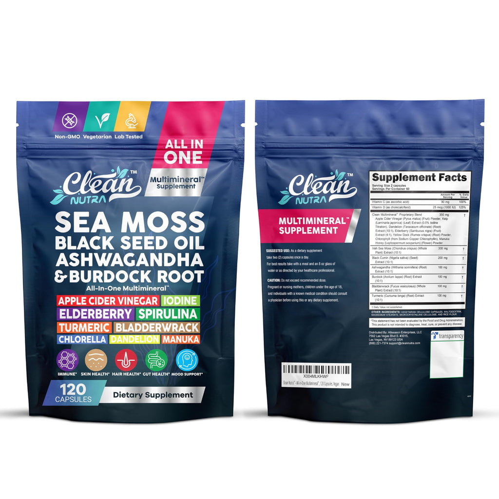 Clean Nutraceuticals Sea Moss Black Seed Oil Ashwagandha Turmeric Bladderwrack Burdock & Vitamin C Vitamin D3 with Elderberry Manuka Dandelion (120 Count (Pack of 1))