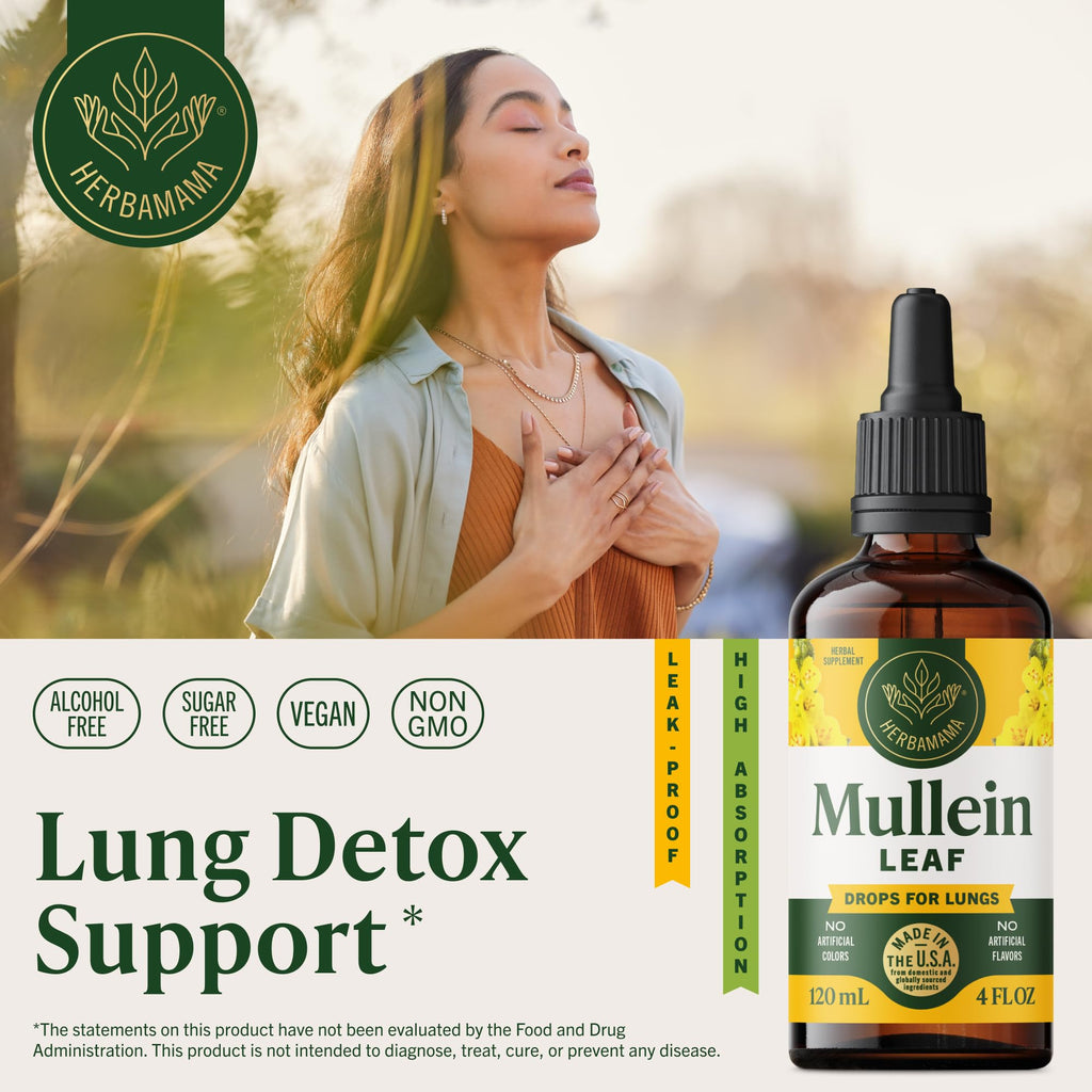 HERBAMAMA Mullein Drops for Lungs - Vegan Lung Cleanse with Mullein Leaf Extract, Echinacea Tincture & Licorice - Non-GMO, Alcohol & Sugar-Free Respiratory Support Supplement - 56-Day Supply