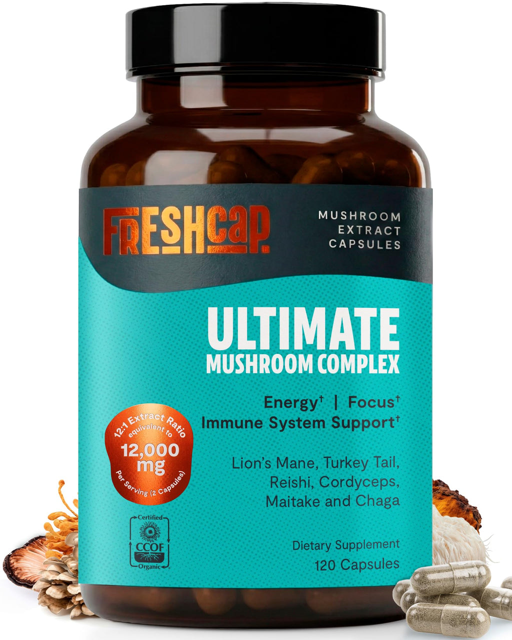 FreshCap Mushrooms Premium Organic Ultimate Mushroom Supplement - 12:1 Fruiting Body Extract with 29% Beta-Glucans - 3rd-Party Tested Nootropic for Energy, Focus & Immune Support (120 Capsules)