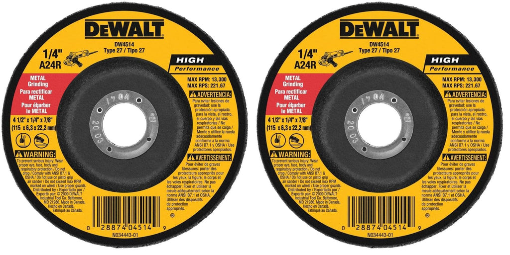 DEWALT DW4514 1/4" Thick Grinding Wheel with 4-1/2" Diameter and 7/8" Arbor (Pack of 2)