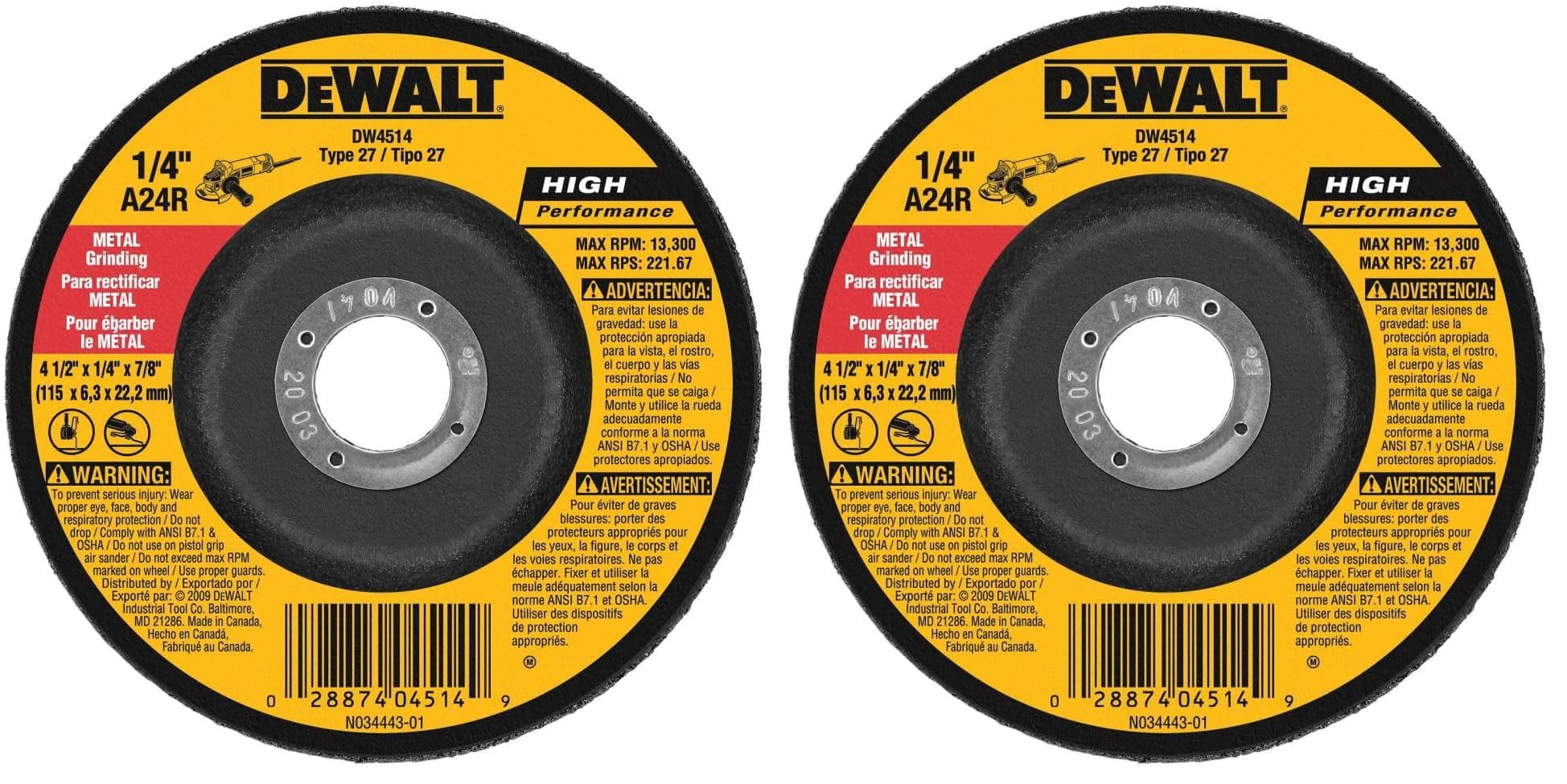 DEWALT DW4514 1/4" Thick Grinding Wheel with 4-1/2" Diameter and 7/8" Arbor (Pack of 2)