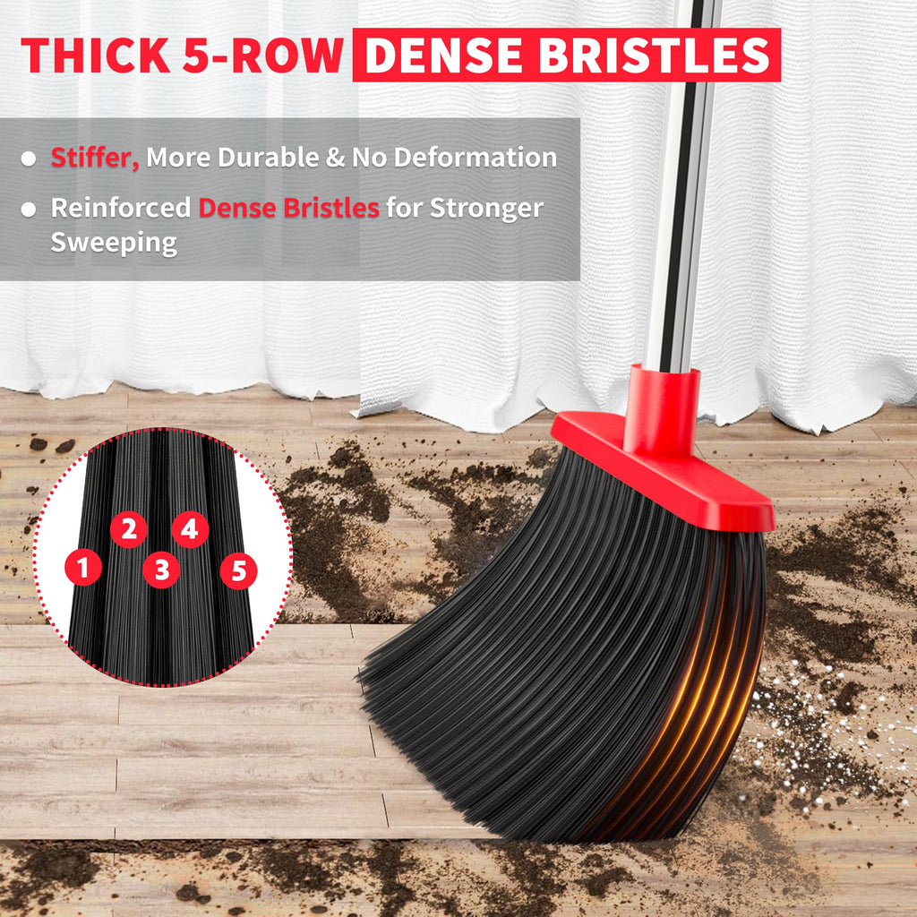 Broom with Dustpan Combo Set, Dust Pans with Long Handle for Upright Sweeping, Standing Broom and Dustpan Set with Self-Cleaning Teeth for Home, Kitchen & Office Floors(Red & Black)