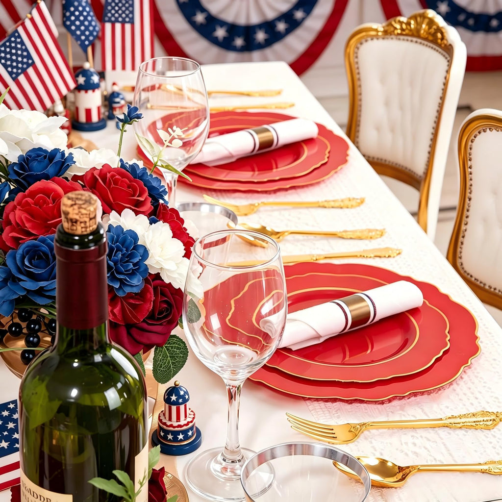 Liacere 350PCS Red Plastic Plates - Red Disposable Plates With Gold Rim - 50Guest Baroque Plastic Dinnerware include 100Plates-50Pack Pre Rolled Napkins with Silverware 50Cups for Independence Day