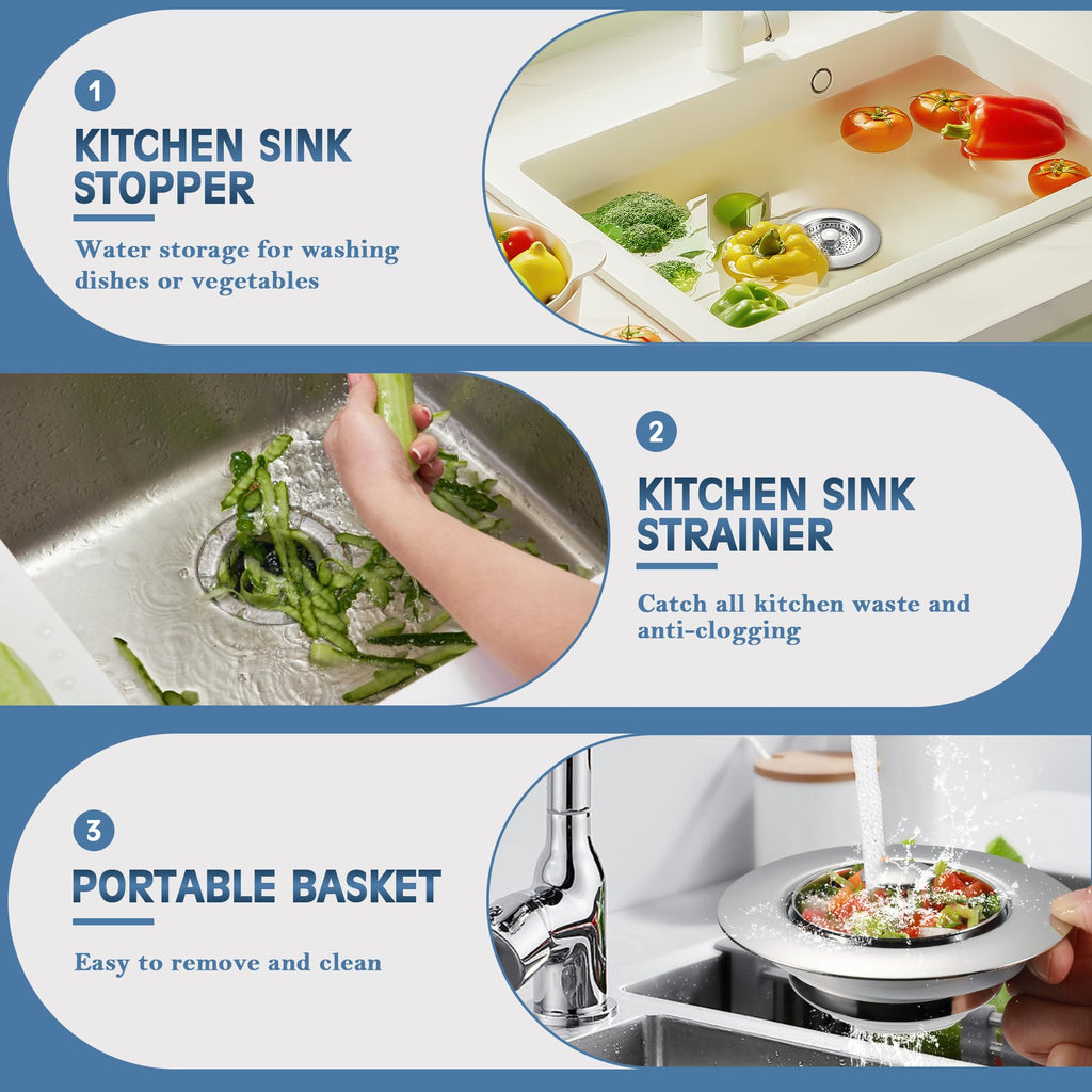 Kitchen Sink Drain Strainer 2 Pack, 304 Stainless Steel Pop Up Sink Stopper, Anti-Clogging Sink Drain Strainer for US Standard Kitchen Drain (Chrome)