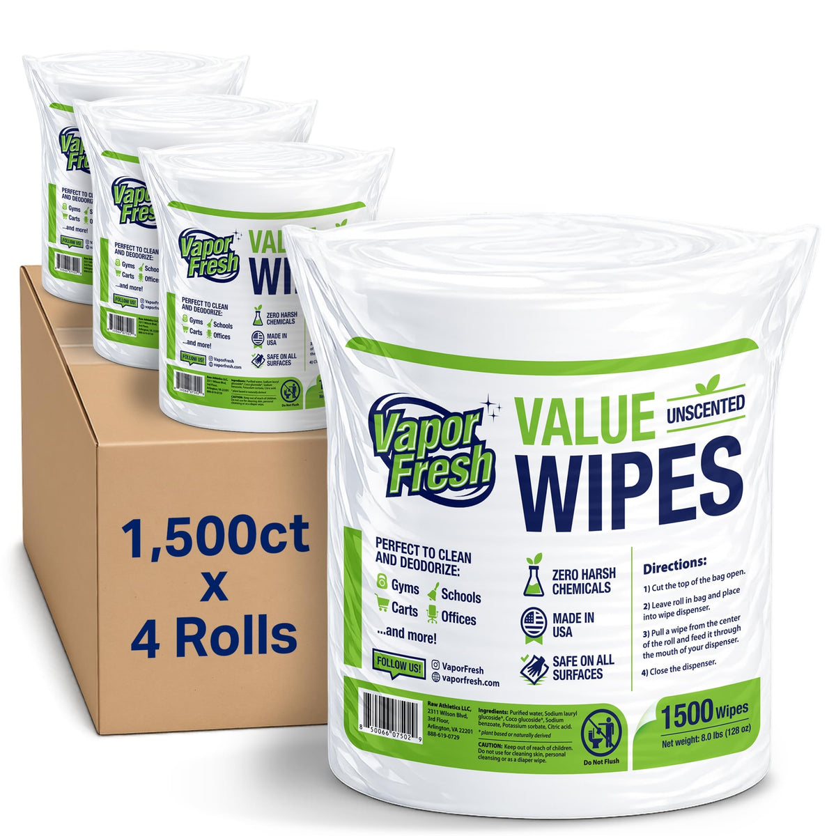 Vapor Fresh Value Wipes For Gym Equipment, 1500 Count, 4 Rolls