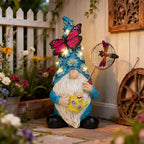 Foreby Garden Gnome Statues Outdoor Decor Solar Gnomes with Butterfly on LED Lighted Flowers, Resin Blue Gnomes Sculpture for Patio Yard Lawn Onament Decoration