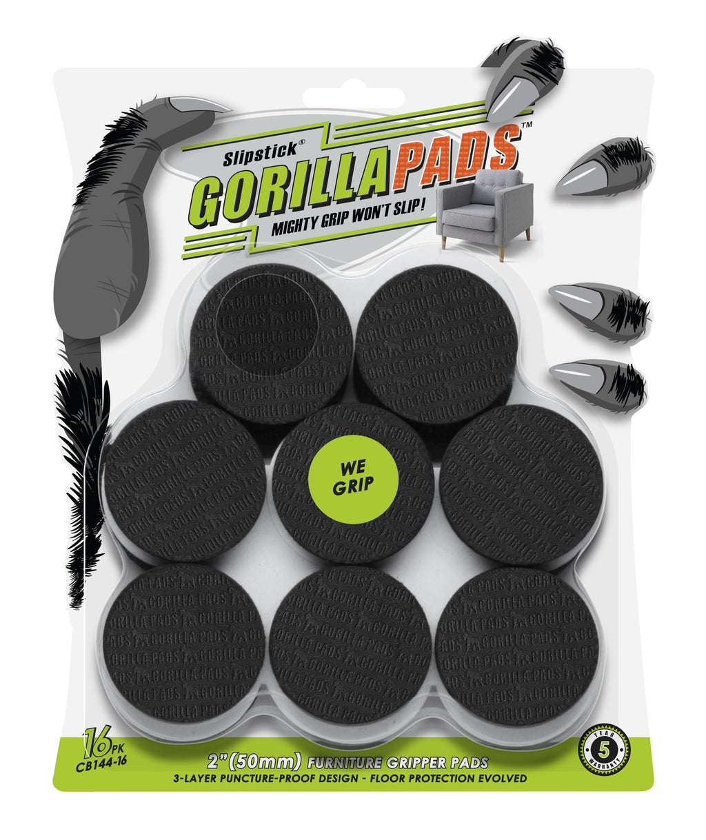 GorillaPads Non Slip Furniture Pads/Floor Grippers (Set of 16 Grips) 2 Inch Round Floor Protectors for Under Furniture, Black, CB144-16
