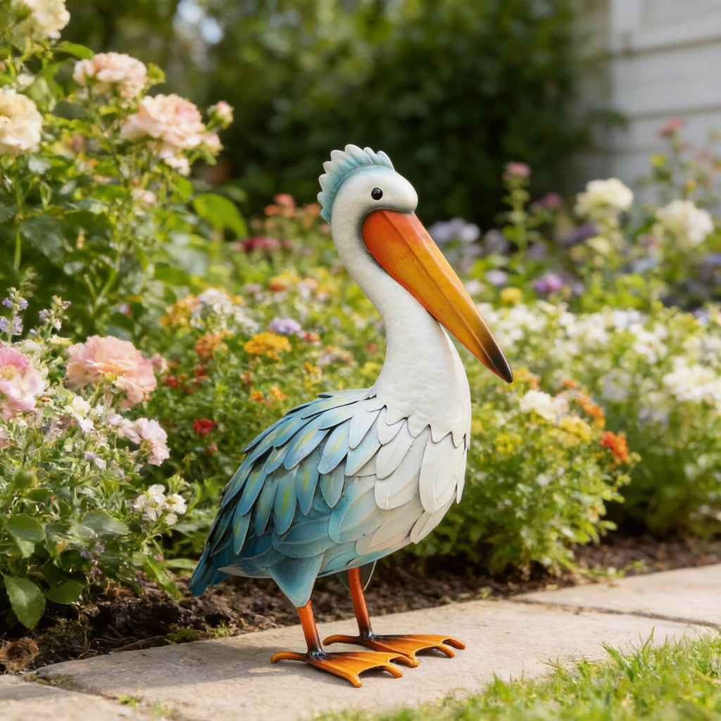 Ratuor Pelican Statues Metal Garden Decor Coastal Blue Heron Yard Art Sculpture Ornament for Backyard Porch Patio Pond Decor