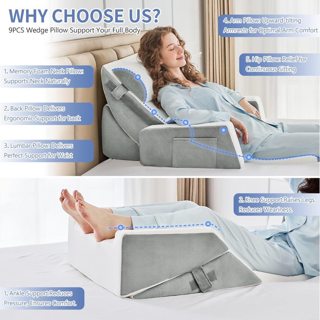 Paxato 9PCS Wedge Pillow Set for After Surgery Recovery, Adjustable Memory Foam Neck Pillow, Foam Leg Pillow, Relieves Neck, Leg Pain, Sleep Apnea, and Functions as a Reading Pillow, Gray