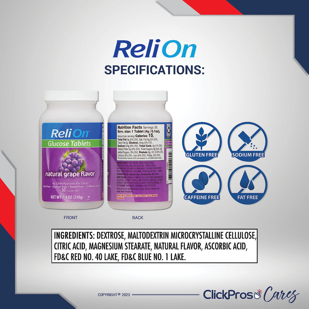 ReliOn Reli On Glucose Tablets Grape - 50 CT 2 Pack Bundle (100 Total) | Plus ClickPros Diabetes Eating Guide and Portable Pill Container (4 Items)!