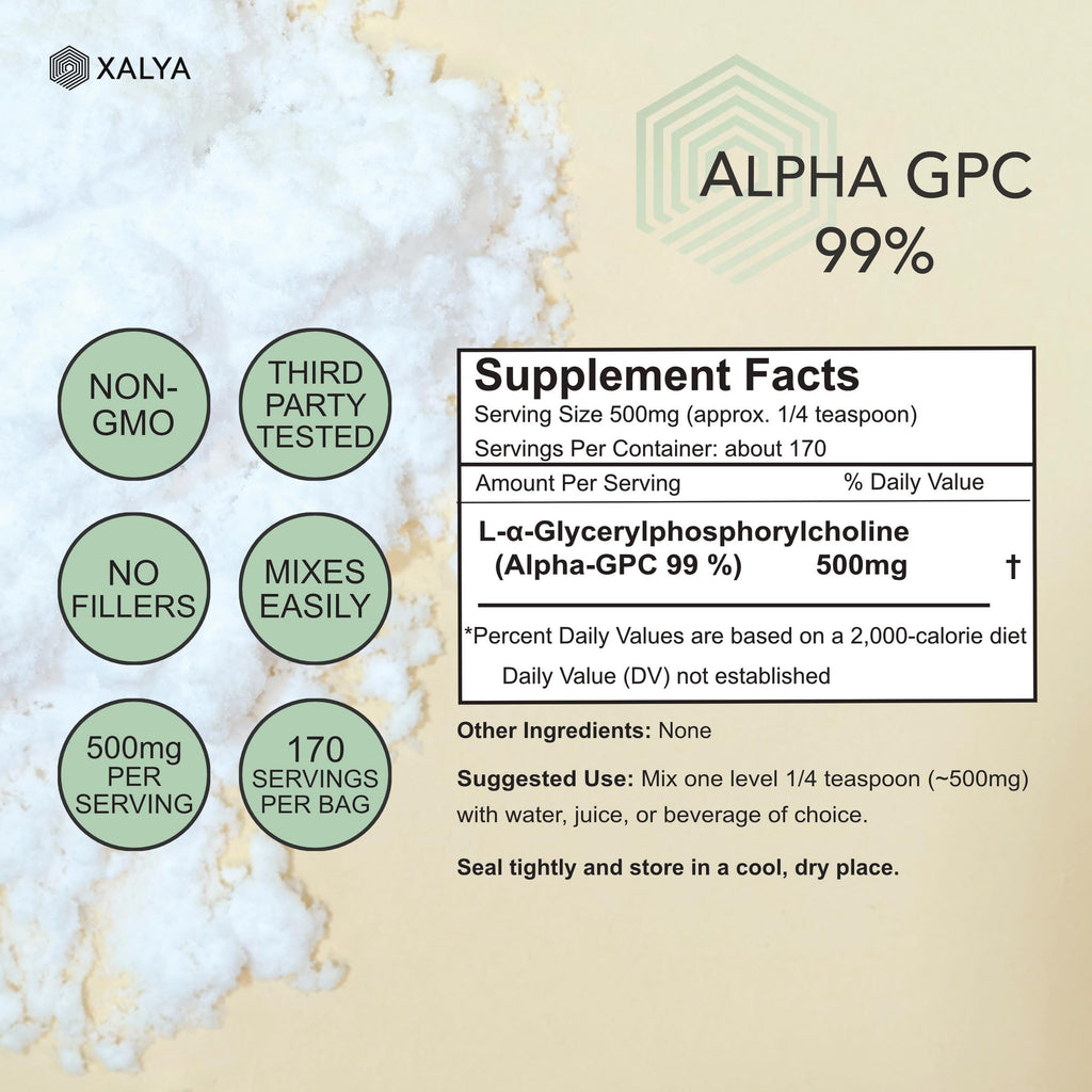 Xalya Alpha GPC Powder 99% Purity 500mg Extra Strength Brain Supplement for Focus & Mental Clarity Third Party Tested, Natural Choline, 170 Servings (3oz) Powder Form