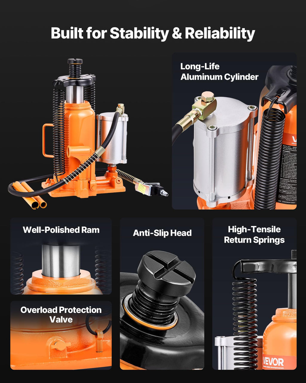 VEVOR Air Hydraulic Bottle Jack, 20 Ton/40000 LBS All Welded Bottle Jack, 10.4-19.7 inch Lifting Range, Manual Handle and Air Pump, for Car, Pickup, Truck, RV, Auto Repair, Industrial Engineering