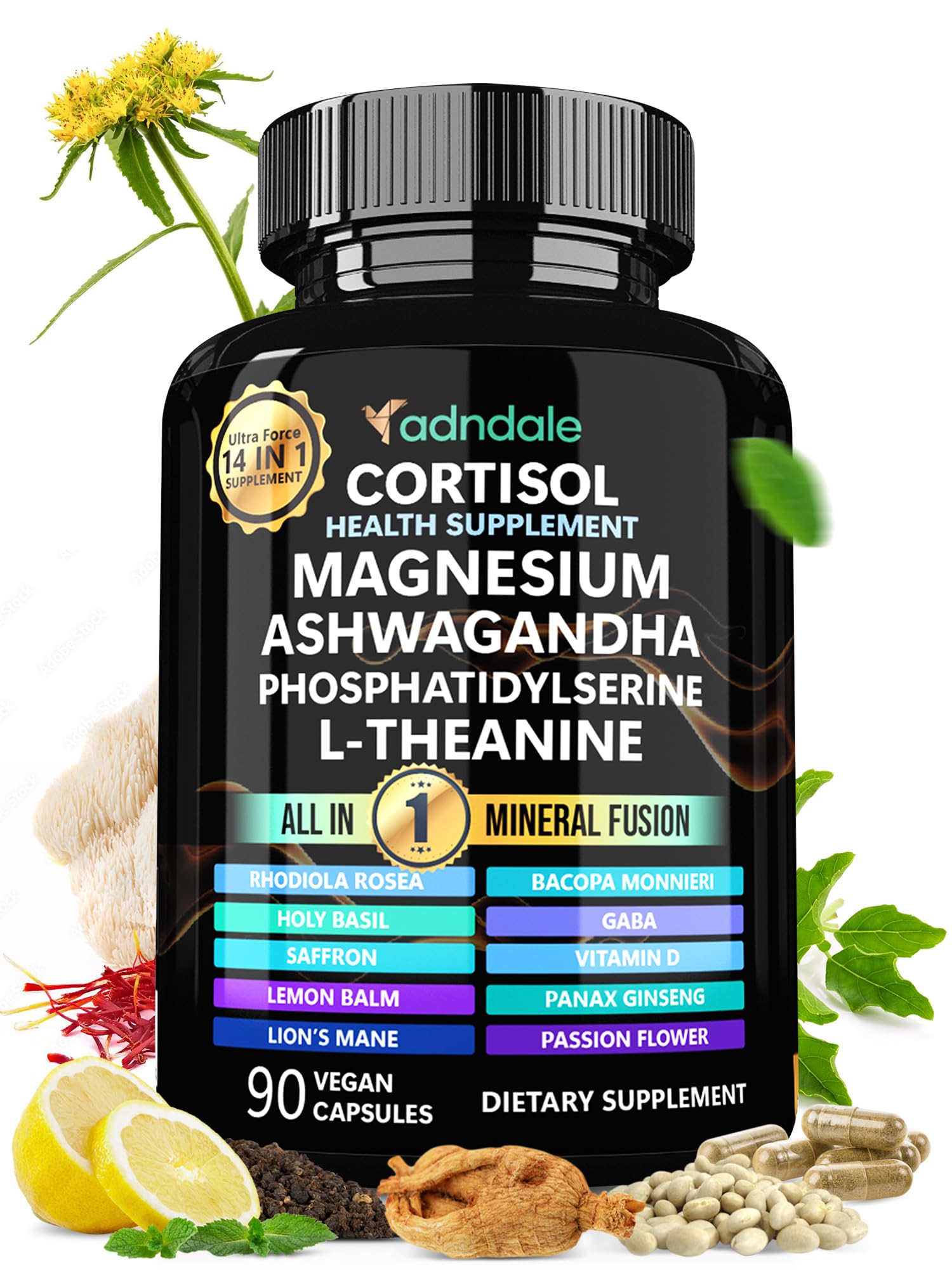 Adndale Cortisol Supplements for Women. Cortisol Reducer 14-in-1 Ashwagandha Supplement with Magnesium Glycinate, L-Theanine & More. 90 Capsules.