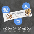No Cow Vegan Protein Bars, Upgraded Chocolate Chip Cookie Dough | 20g Plant Based Protein, Gluten Free, Dairy Free, Soy Free, Keto Friendly, Low Sugar, High Fiber Snack Bars | Pack of 12