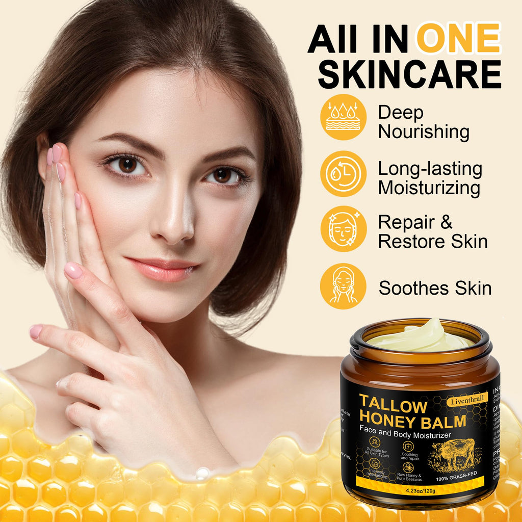 Organic Beef Tallow Honey Balm for Skin & Face, Whipped Beef Tallow Face Moisturizer with Raw Honey, Grass Fed Cow Beef Tallow Cream, All Natural Pure Body Lotion for Women & Men, Unscented 4.2 OZ