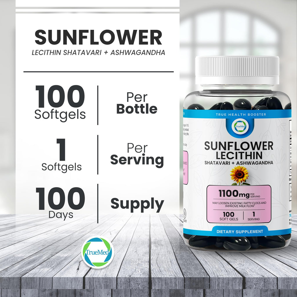 TRUEMED Sunflower Lecithin with Shatavari & Ashwagandha - 1100 mg per Serving - Supports Hormone Balance, Milk Flow, Brain Health, Digestive Wellness, 100 Softgels - Made in USA GMP Certified