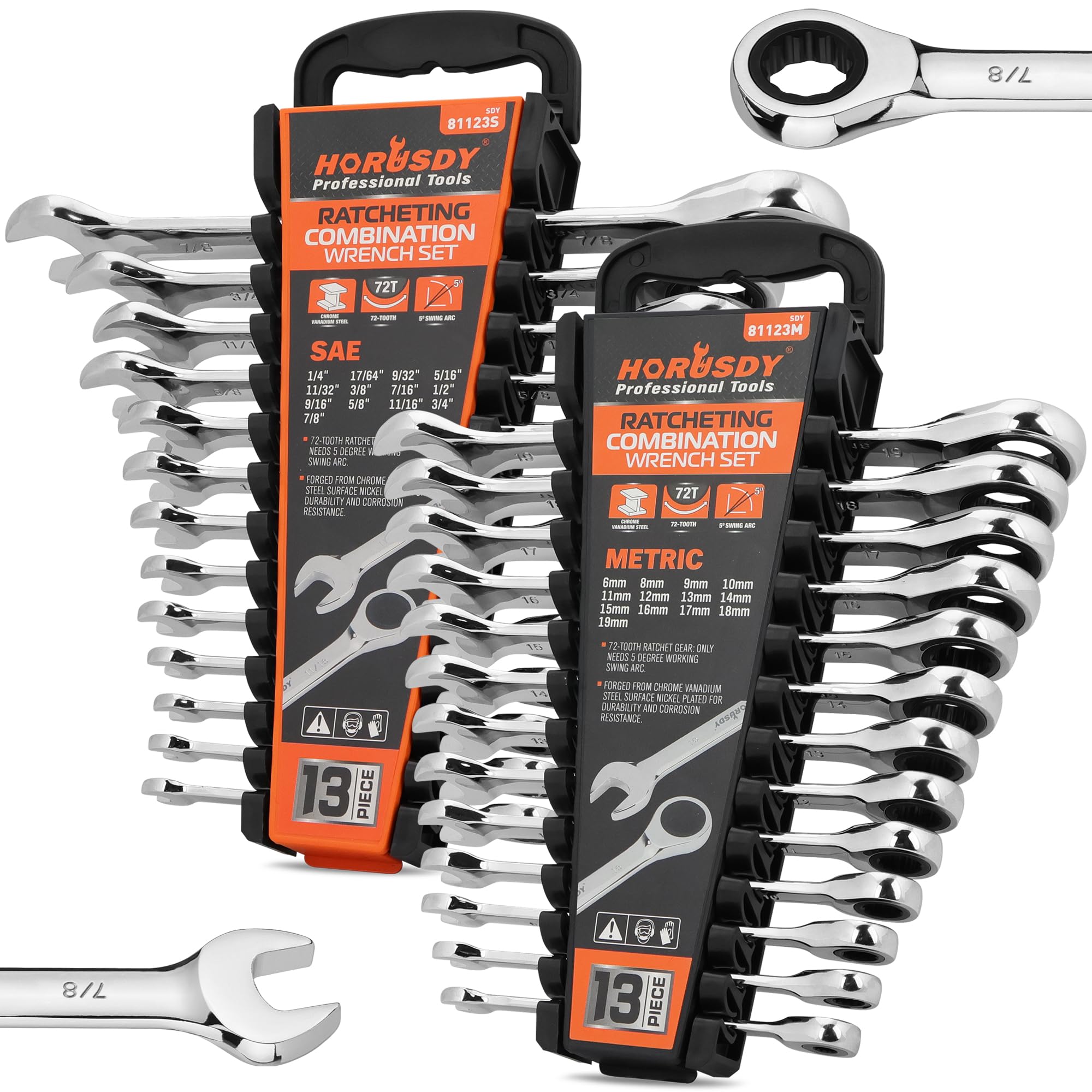 HORUSDY 26-Piece Ratcheting Wrench Set | Metric and SAE | Ratchet Combination Wrenches Set with Organizer | 72-Tooth | Chrome Vanadium Steel | 6-19 mm & 1/4” to 3/4“ (13-Piece Metric&SAE)